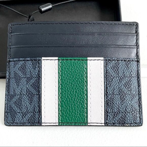Michael Kors Hudson Logo Stripe Card Case Wallet Admiral Blue & Jewel Green NWT - Picture 4 of 8